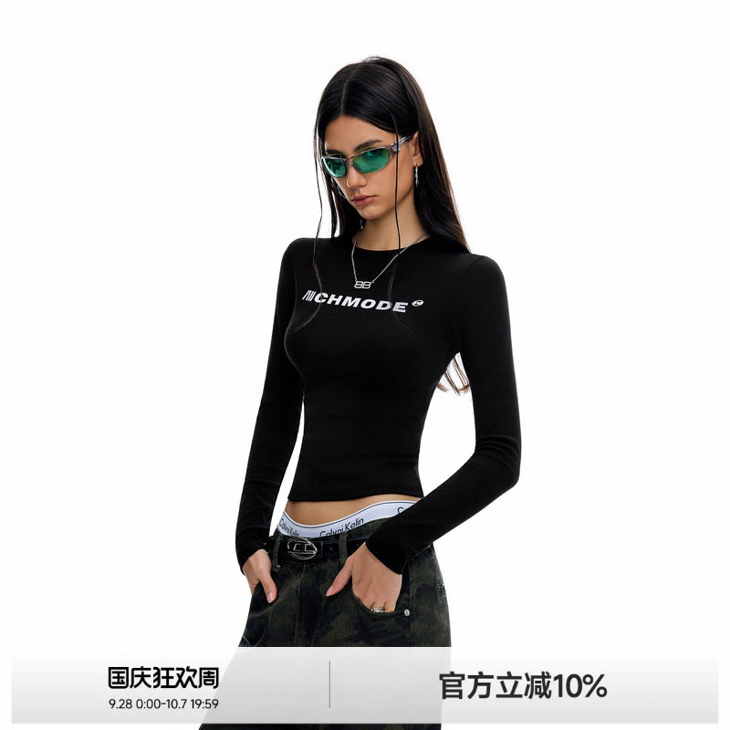 ICH MODE科技银圆领修身甜酷百搭T恤上衣女设计感美式复古长袖女图片
