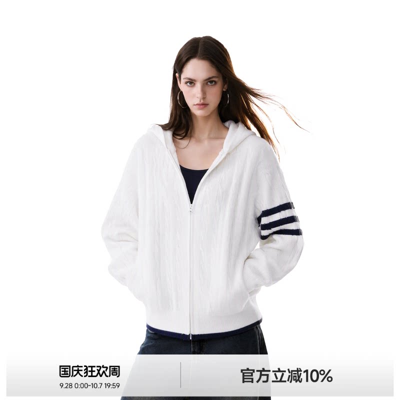 撞色三条杠提花针织衫女图片