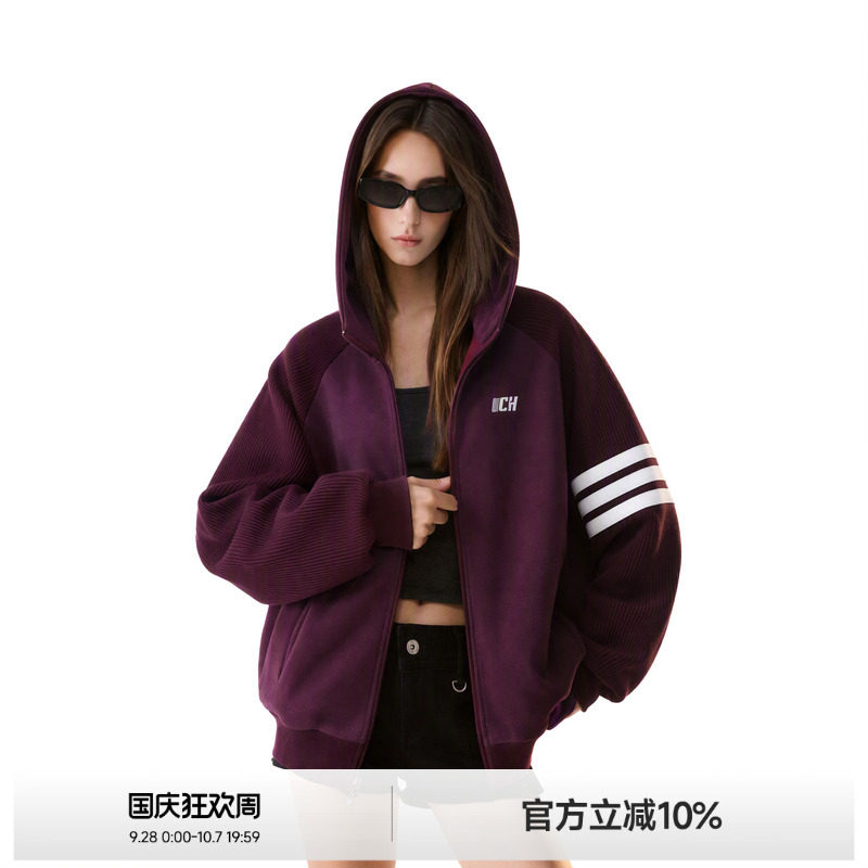 美式三条杠华夫格拼接外套女图片