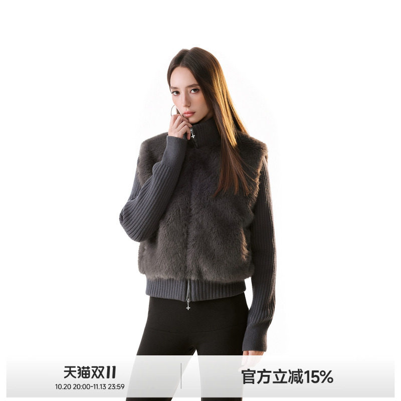 ICH MODE环保皮草针织拼毛短款棉服女冬季新款高领外套保暖上衣