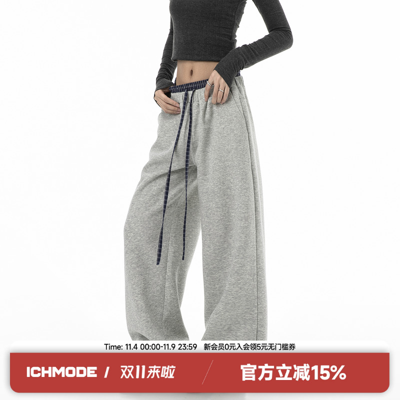 ICH MODE格子拼接美式复古休闲裤垂感运动街头阔腿工装直筒长裤女