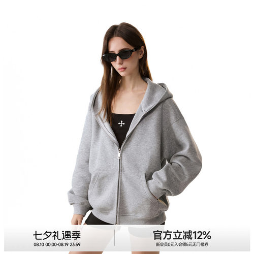 ICH MODE纯色百搭连帽廓形卫衣女宽松百搭美式复古休闲质感外套秋