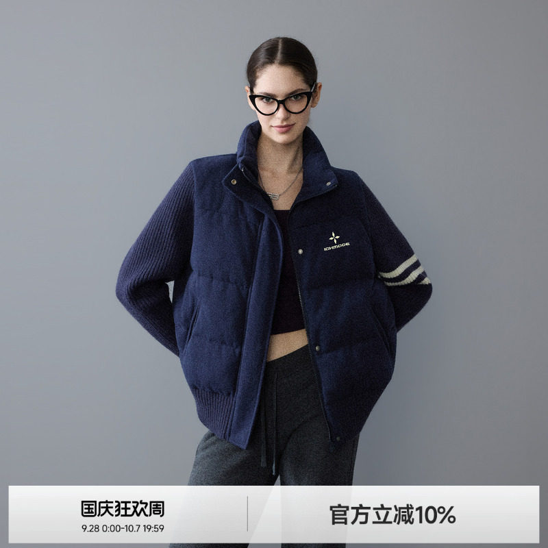 美式针织拼接立领棉服女图片