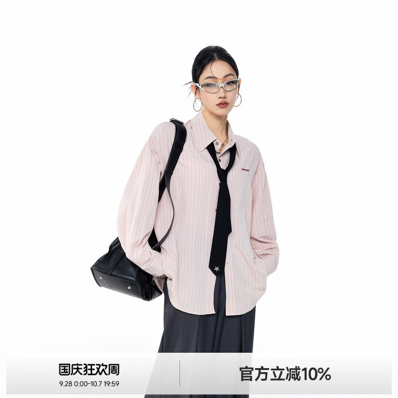 粉色条纹衬女夏季新款开衫图片