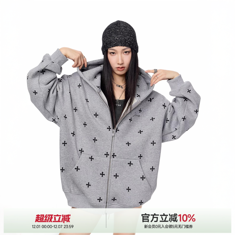 ICH MODE哥特风满印十字架印花复古外套连帽春秋季宽松开衫卫衣