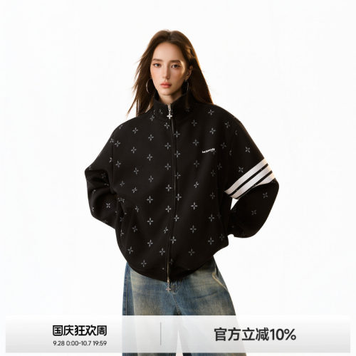 美式三条杠满印十字立领外套女