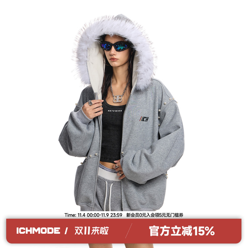 ICH MODE廓形毛领秋冬新款外套女美式复古宽松休闲设计感卫衣开衫