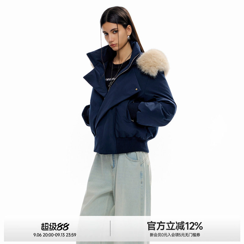 ICH MODE美式毛领连帽短棉衣/棉服