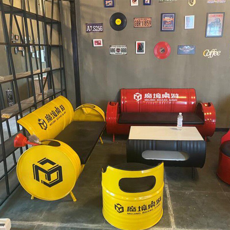 创意餐厅卡座沙发油桶茶几休闲酒吧桌休闲复古清酒吧烧烤桌椅圆凳