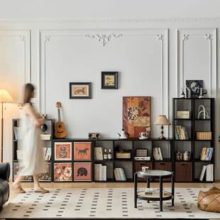 中古风钢制书柜书架落地置物架客厅家用收纳柜子储物格子柜展示柜