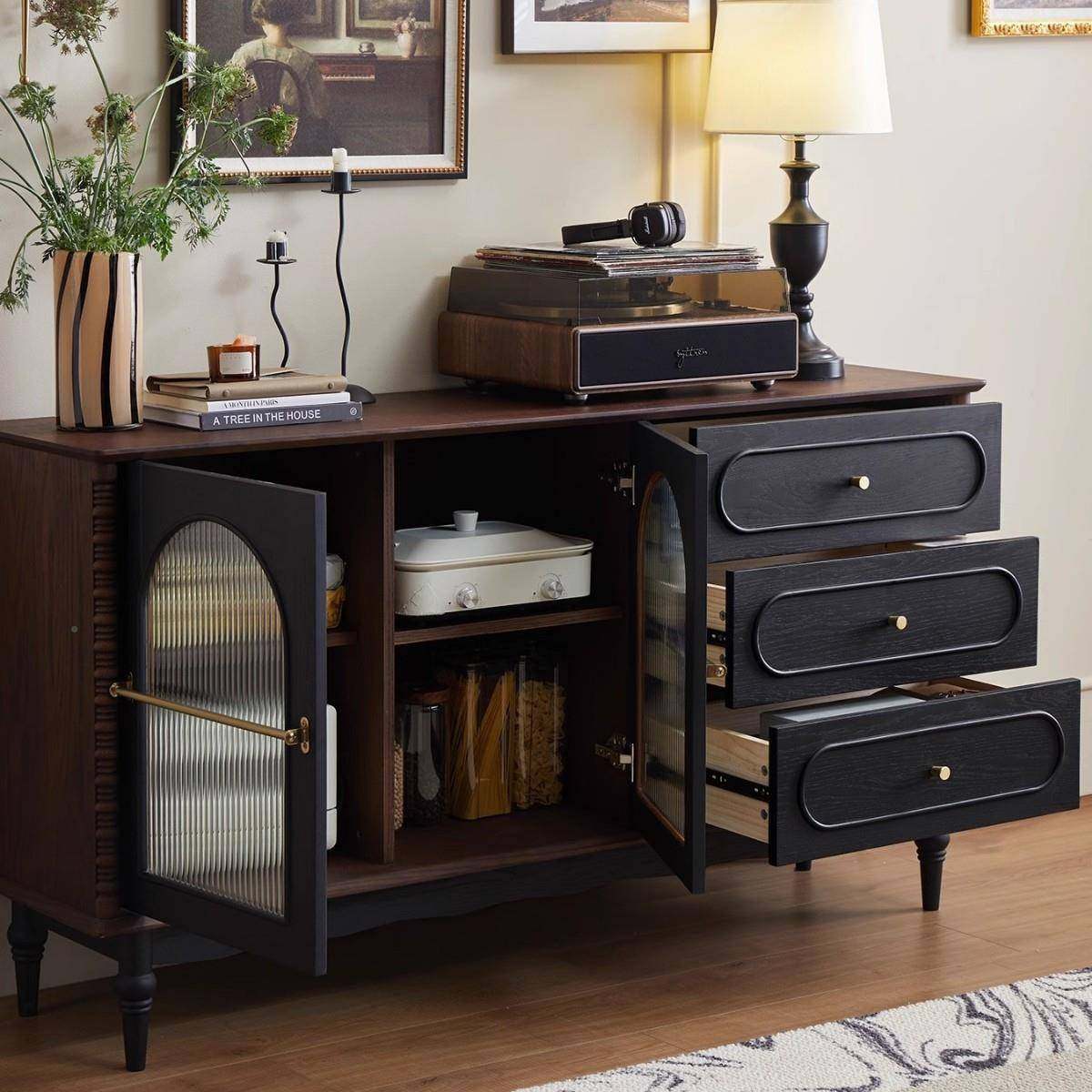 法式木餐边柜客002厅酒中古收纳茶实水柜家用餐厅复古靠墙储物橱