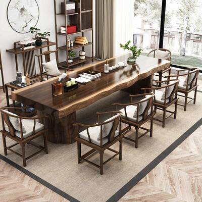 中式实木茶桌办公室大板泡茶桌全原EDD套一桌椅组合足浴会五客茶