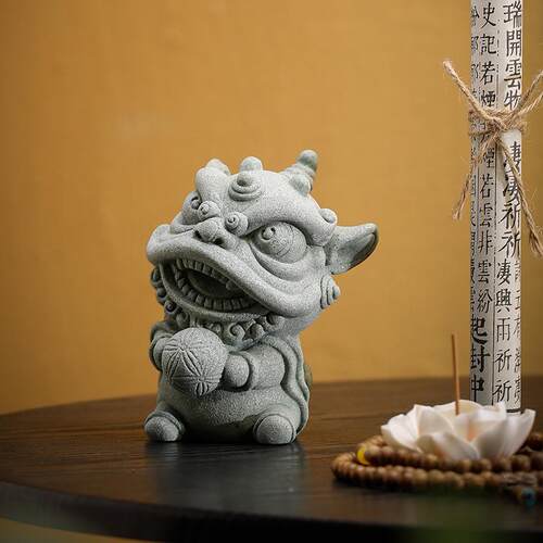 精青砂石绣球舞狮UVQ招品财桌面宠饰摆茶件中式麒麟沉水鱼缸造景