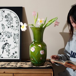 中古落地玻璃花瓶轻奢高级感复古大口径客厅水培鲜花插花餐桌摆件