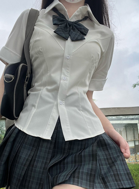 喵太JK收腰弹力衬衫V领短袖修身显瘦上衣纯欲辣妹少女春夏白色