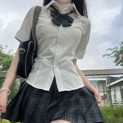 喵太JK收腰弹力衬衫V领短袖修身显瘦上衣纯欲辣妹少女春夏白色