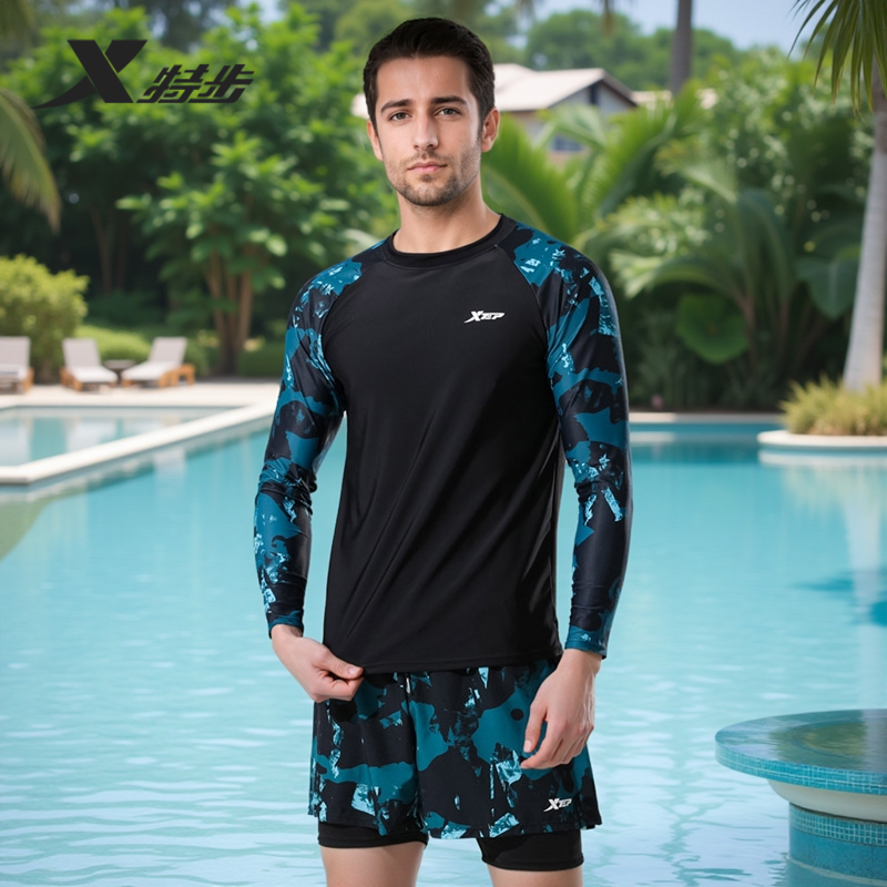 特步泳裤男防尴尬宽松速干2025新款泳帽泳裤三件套泡温泉游泳装备