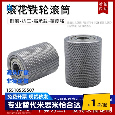 网纹滚花从动轮铁轮无动力滚筒金属双轴承滑轮耐磨压花轮传送压轮