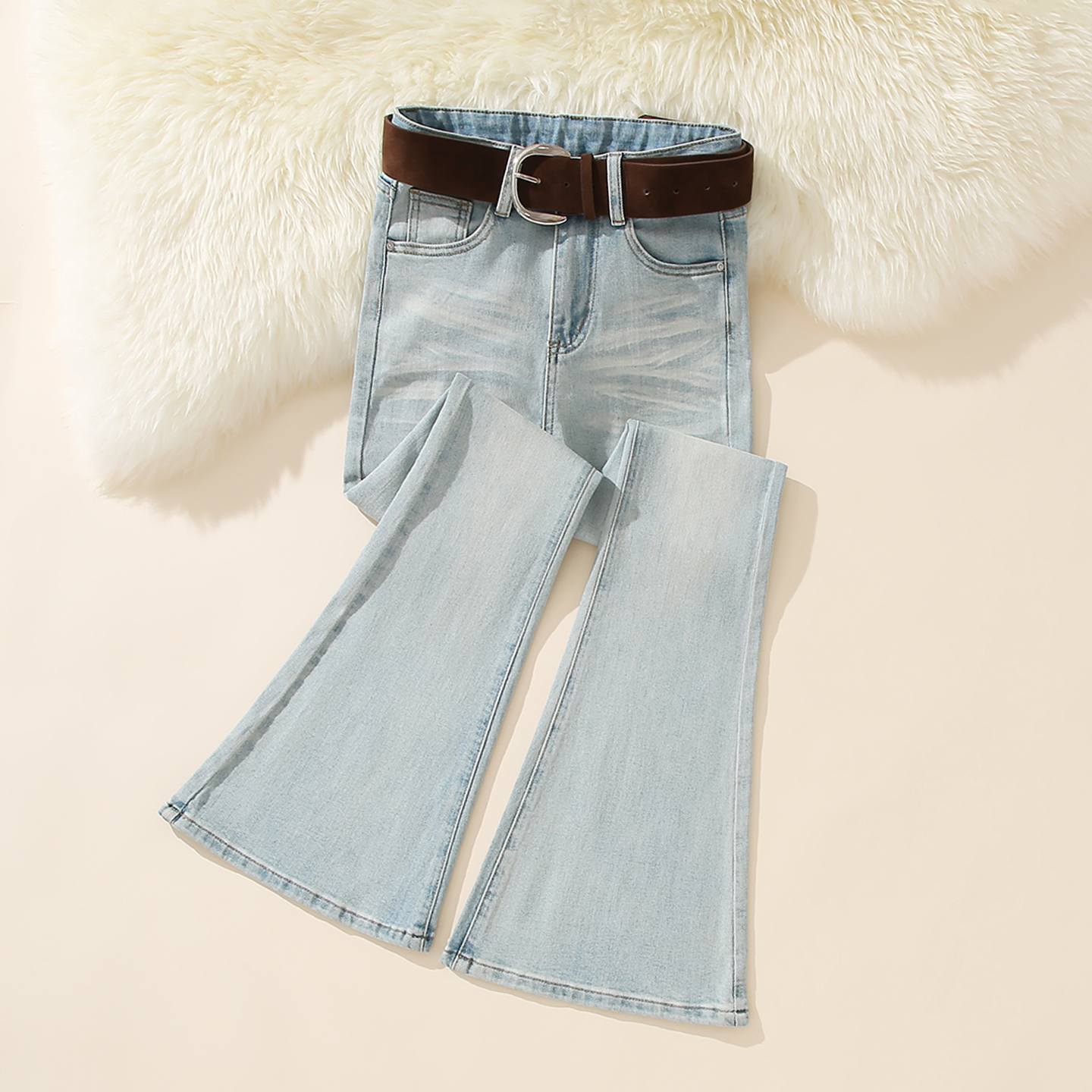 2025美式复古高腰微喇牛仔裤女浅蓝色弹力修身显瘦马蹄喇叭裤长裤