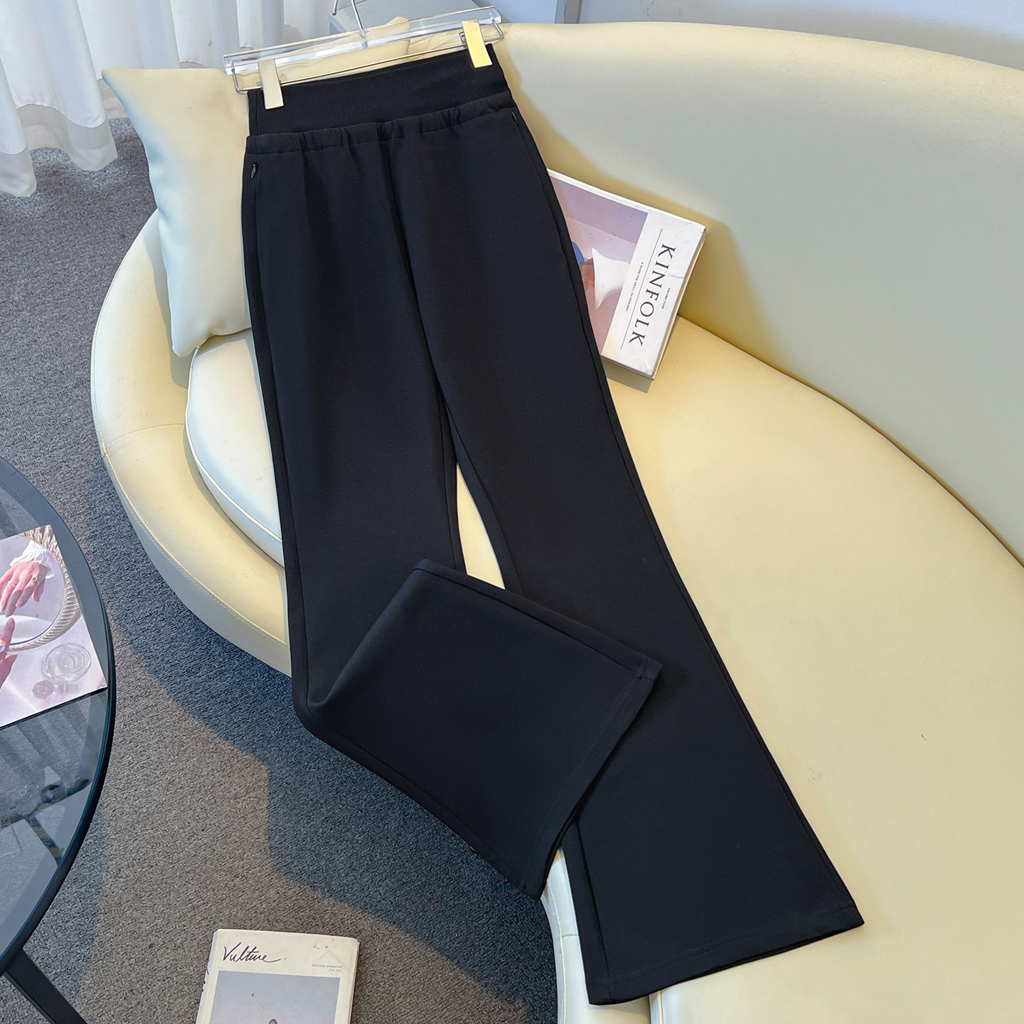 2025新款黑色高腰不贴腿微喇裤女松紧腰显瘦垂感休闲拖地裤弹力裤