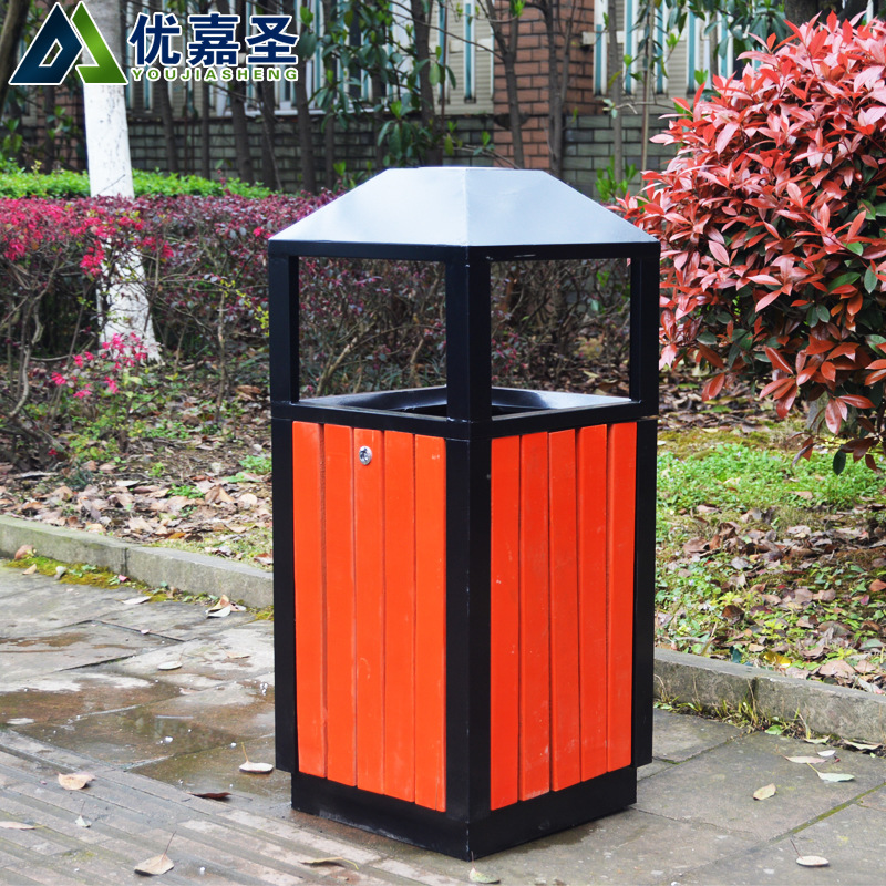户外花园景区小区钢木垃圾桶单桶公园果皮箱室外物业防腐木垃圾箱