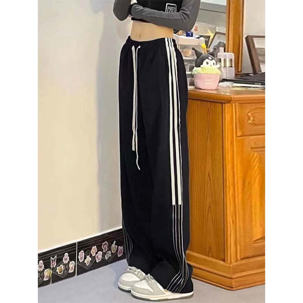 美式黑色阔腿裤子女春秋2024新款大码胖mm直筒卫裤宽松休闲运动裤