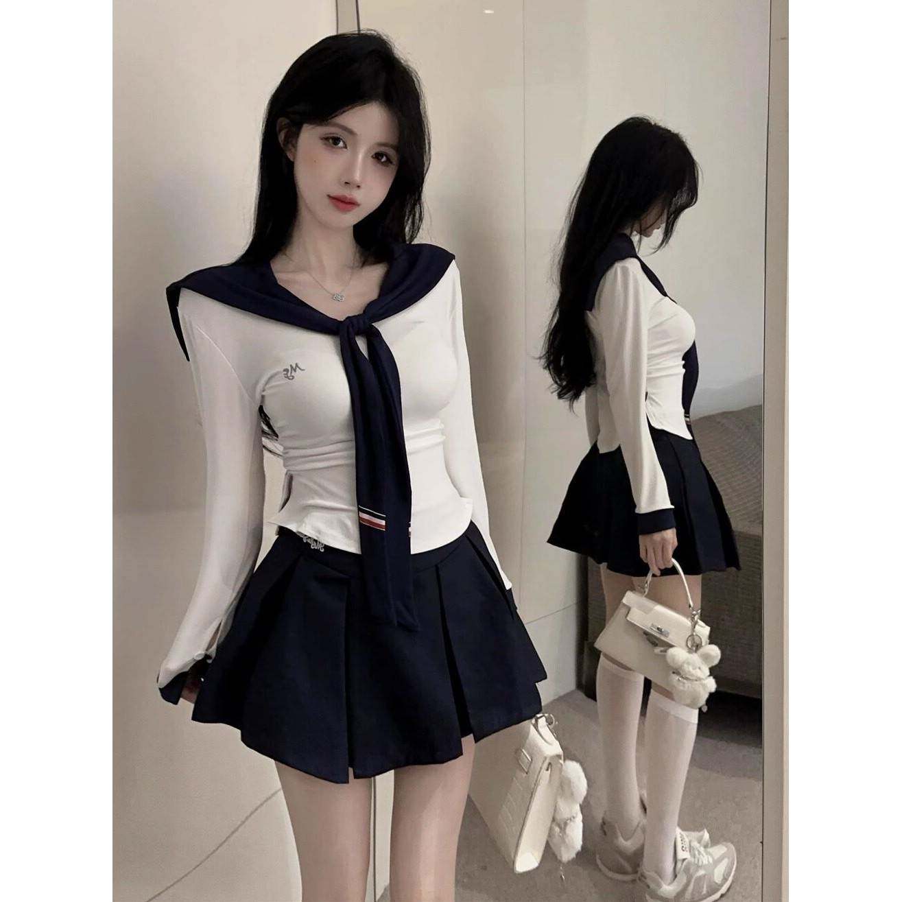 学院风JK制服套装女秋季甜美纯欲海军领上衣半身短裙小个子两件套