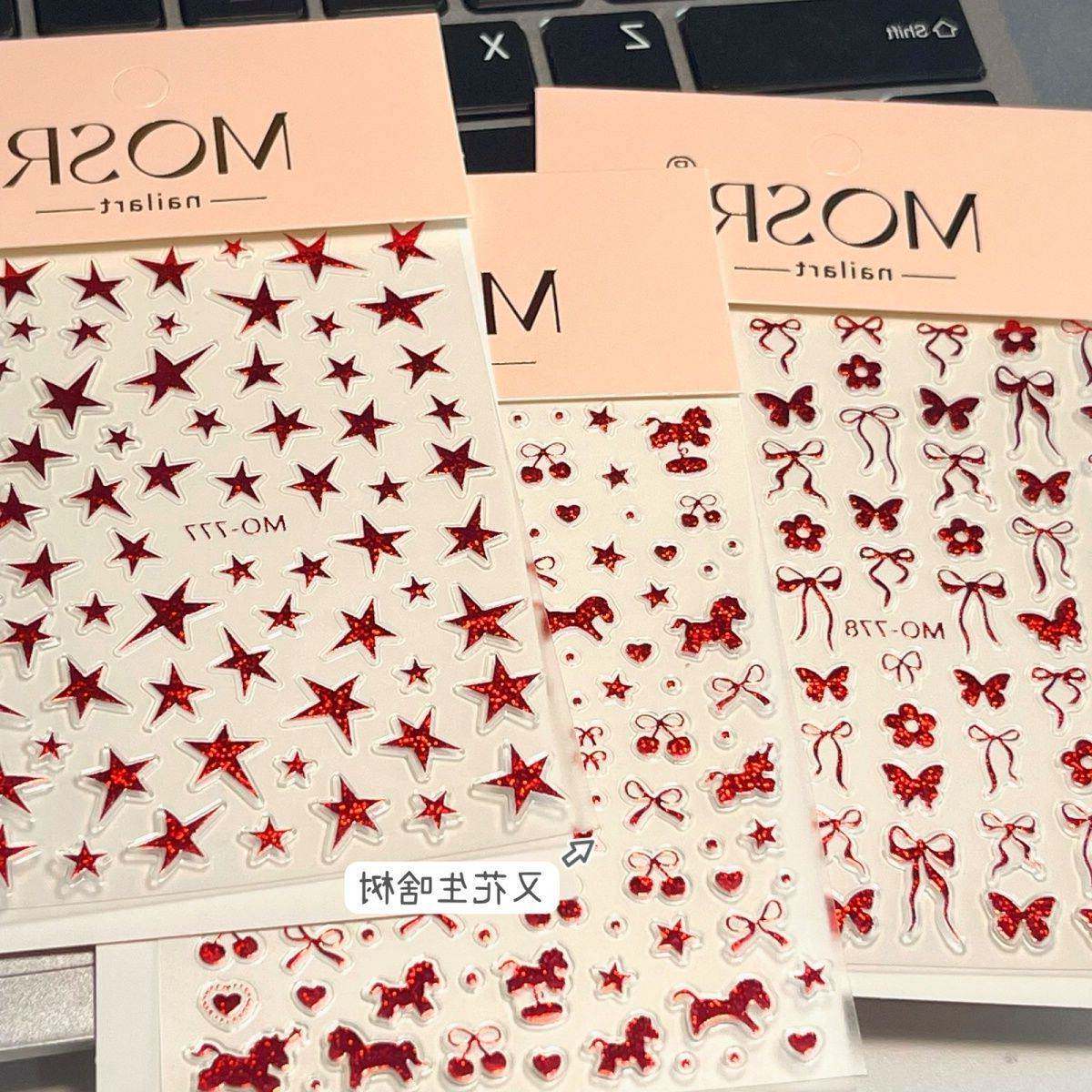 新款烫红金炫彩五角星红色新年美甲爆款贴纸星星小星星蝴蝶结背胶