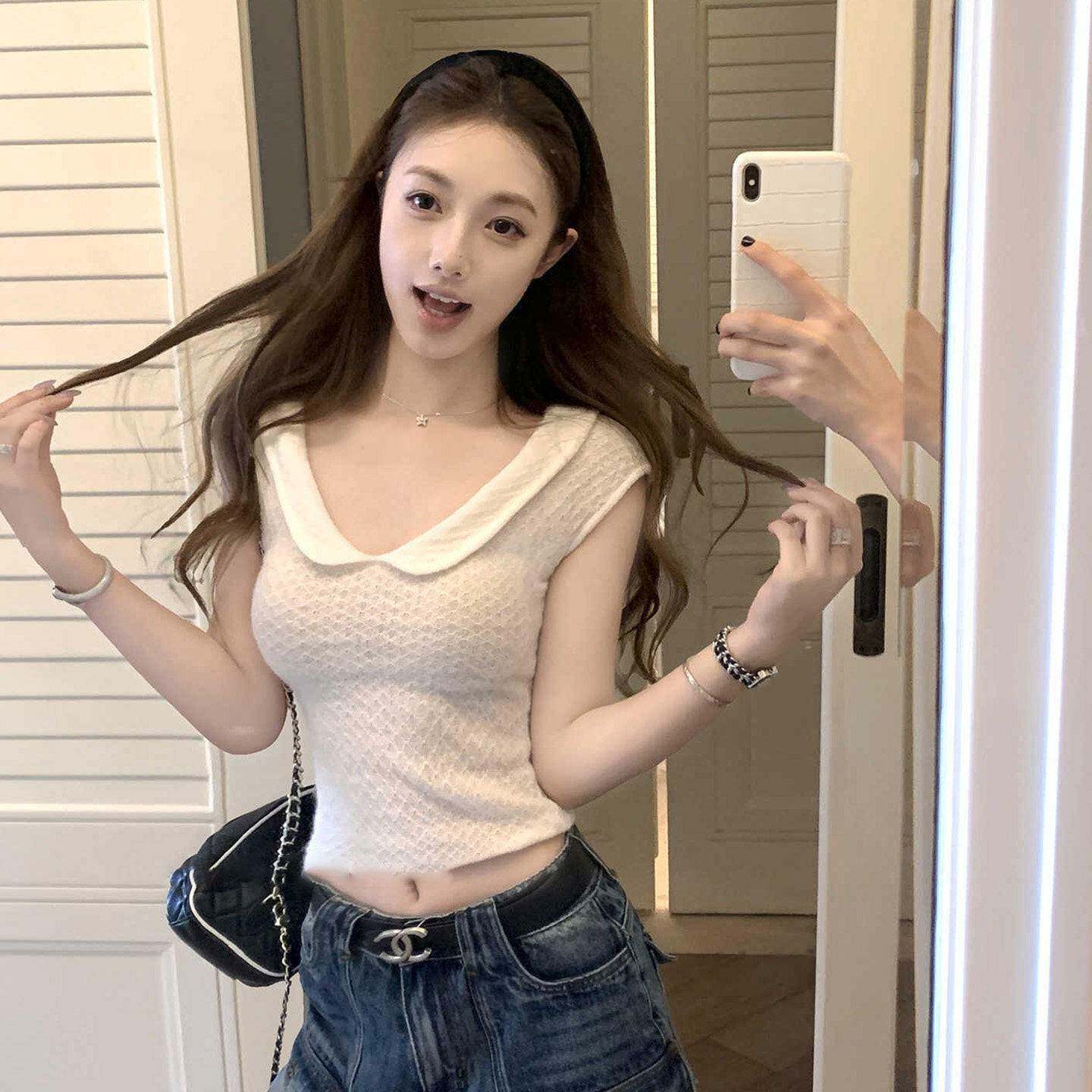 白色娃娃领短袖T恤女夏法式小个子修身收腰显瘦纯欲辣妹短款上衣