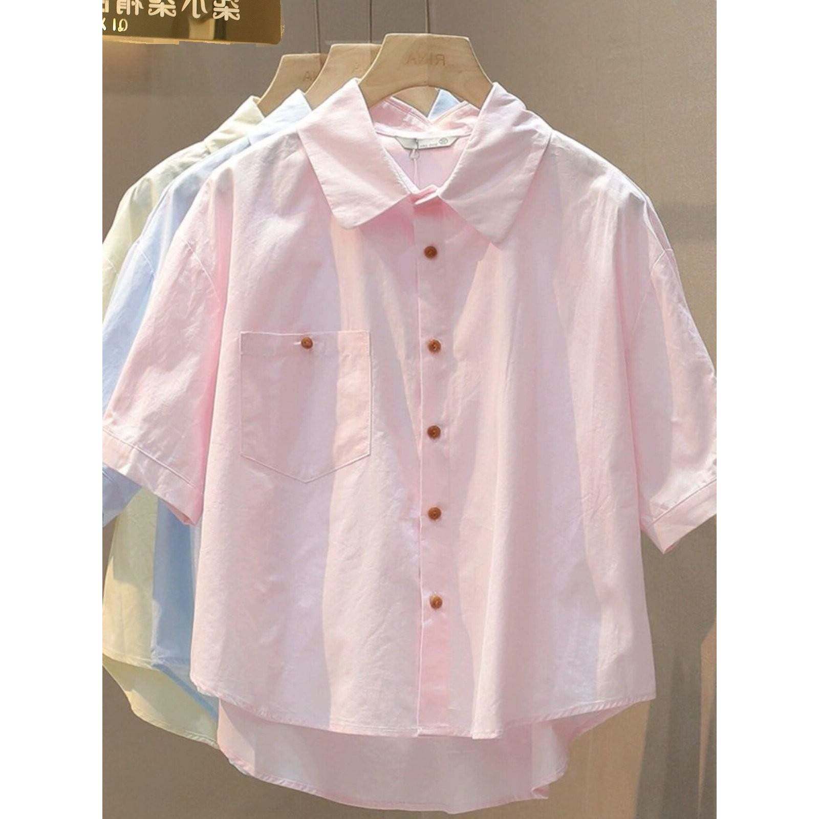 纯棉短女子翻领衬衫短袖夏季新休闲多用途上衣宽松修身看底衬衫