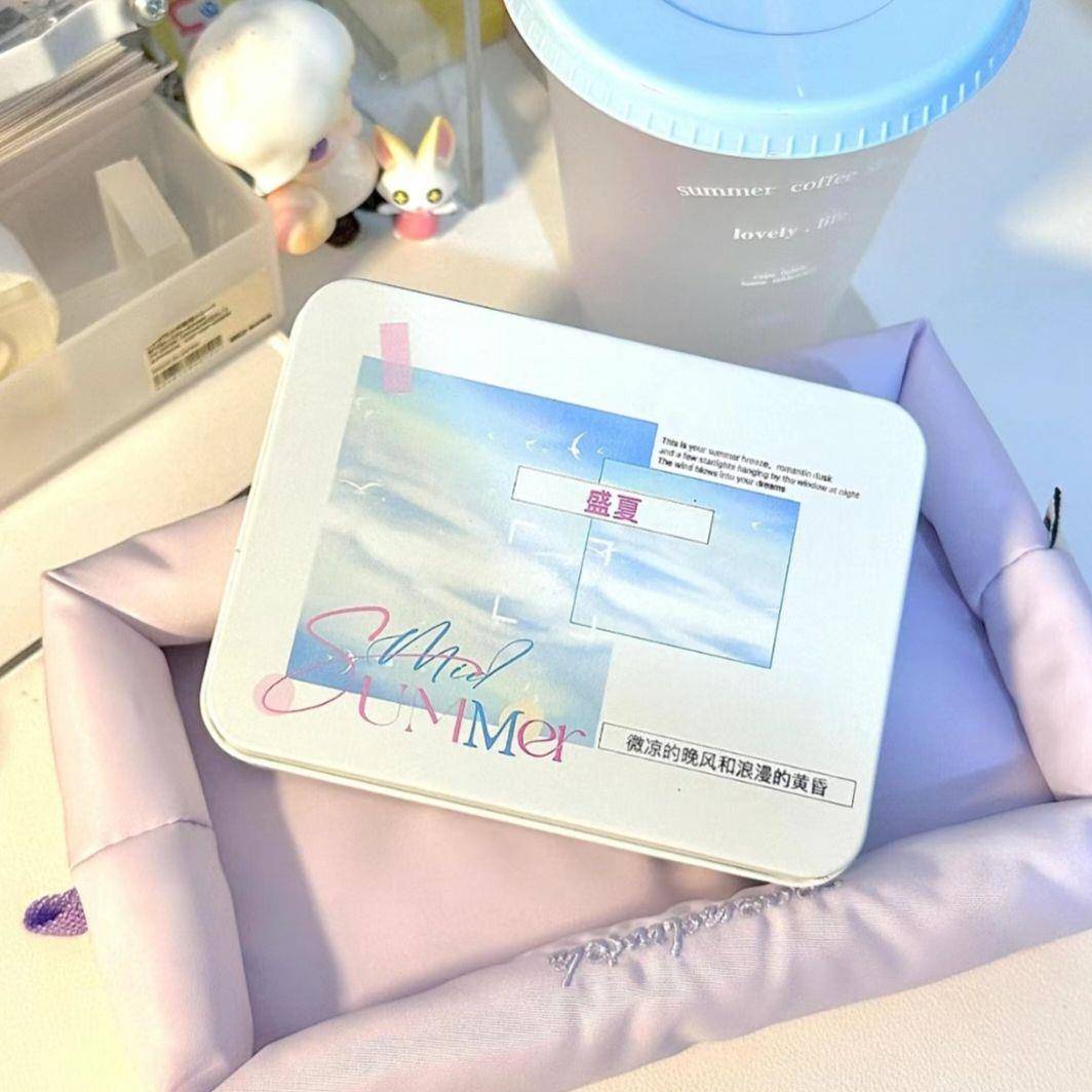 盛夏青空翻盖铁盒ins小卡收纳桌面高颜值贴纸小卡收纳盒饰品收纳