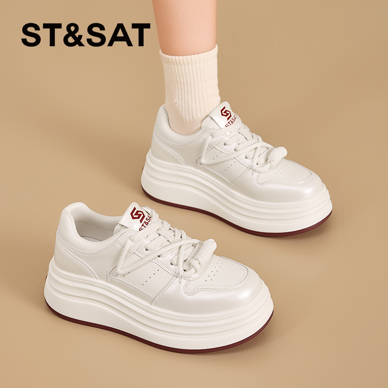 STSAT旗舰店正品真皮松糕小白鞋