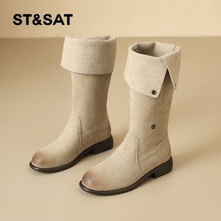 女靴长筒靴子长靴磨砂西部牛仔靴 女款 星期六骑士靴女2025冬季 新款