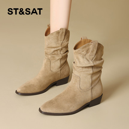 星期六西部牛仔靴女2025冬季新款靴子短靴加绒堆堆靴瘦瘦靴骑士靴