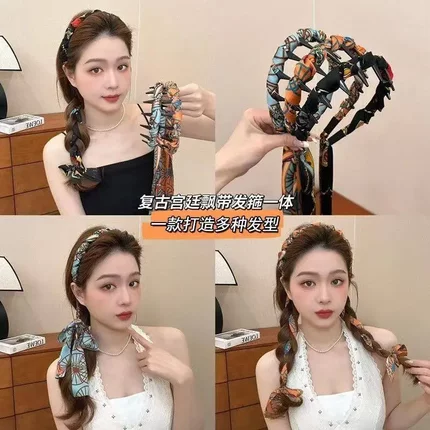 复古宫廷风碎花带齿飘带发箍编发一体式丝巾绑发卡高颅顶发捆头箍