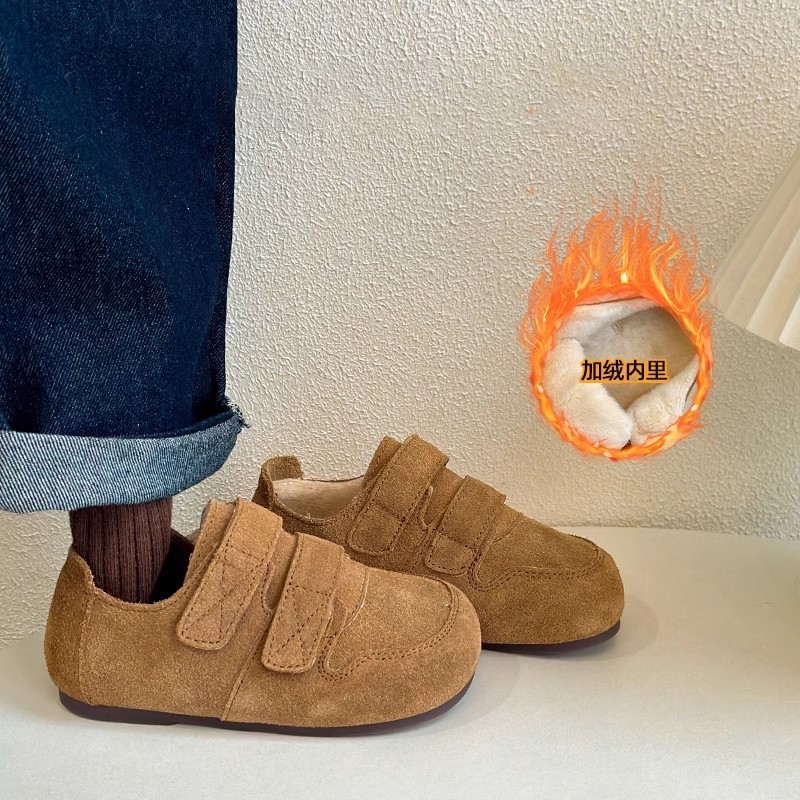 儿童加绒皮鞋冬季韩版男女童魔术贴软底勃肯鞋磨砂皮宝宝保暖棉鞋