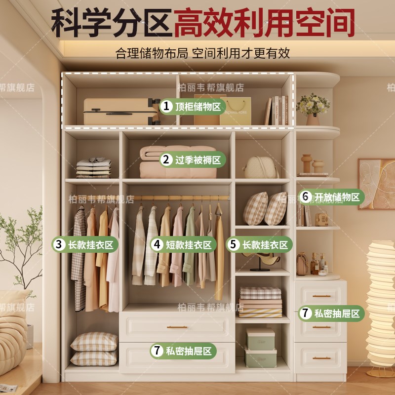 加厚全实c木衣柜卧室家用小户型奶油风儿童收纳柜子简易法式衣橱