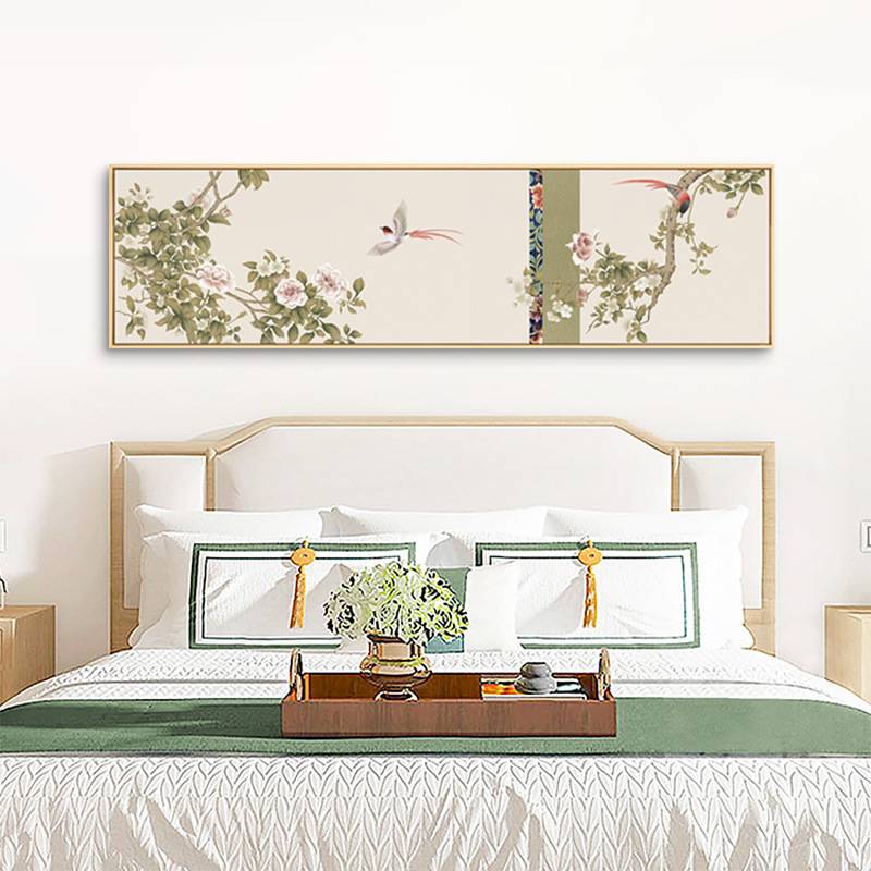 盛荣 新中式床头装饰画原木风卧室挂画花鸟国风民宿酒店横版壁画图片