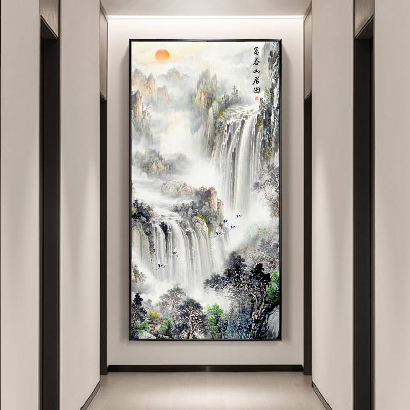 玄关富川山居山水画新中式竖版挂画走廊过道装饰画晶瓷办公室壁画图片
