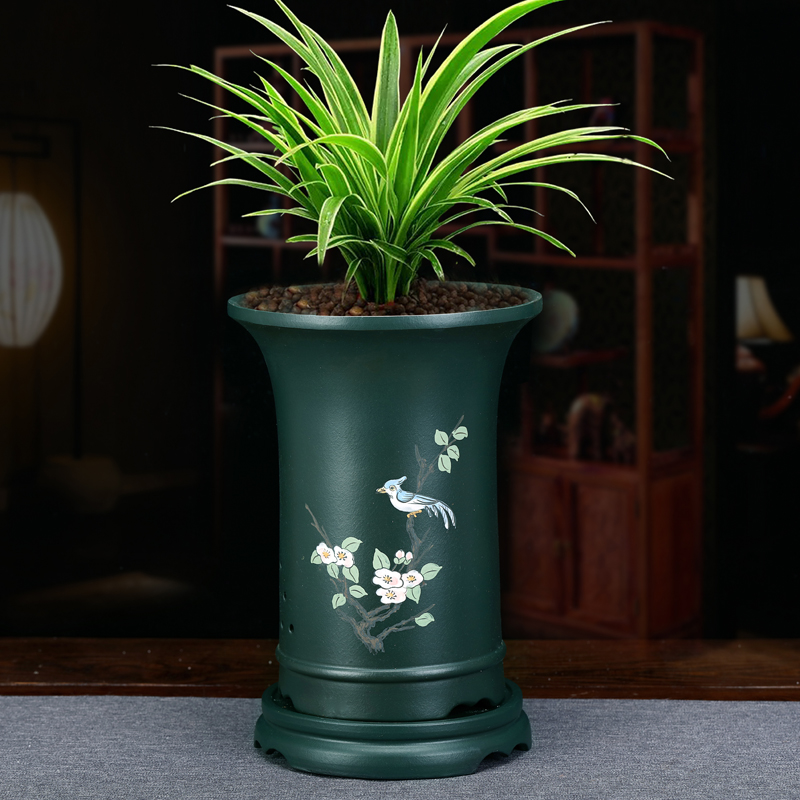 绿植兰草花盆宜兴紫砂盆景盆陶瓷家用透气彩绘中国风精品盆带底座