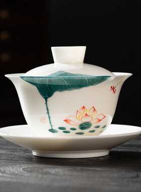 盖碗大号青花瓷三才杯陶瓷敬茶碗茶杯三炮台釉下彩功夫茶具白瓷
