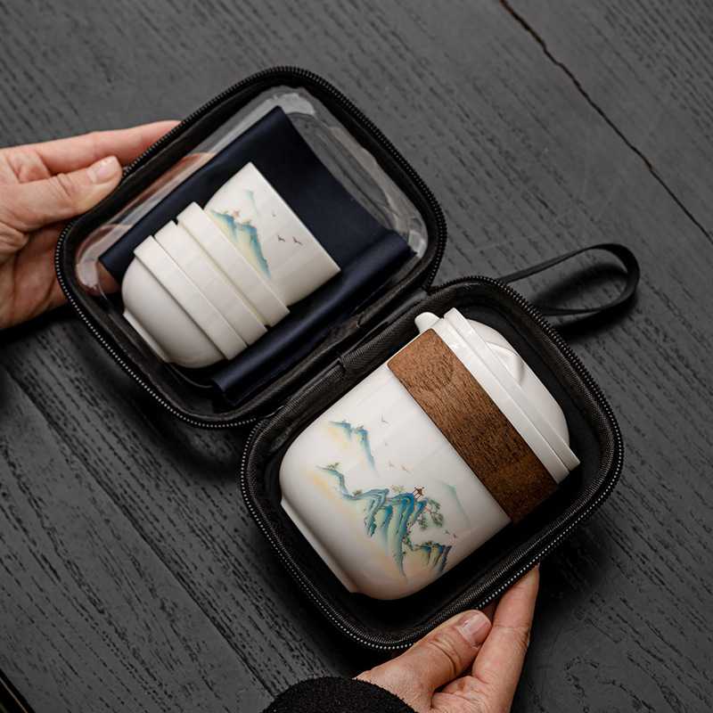一壶四杯陶瓷羊脂玉便携式旅行茶具套装户外随身泡快客杯logo定制