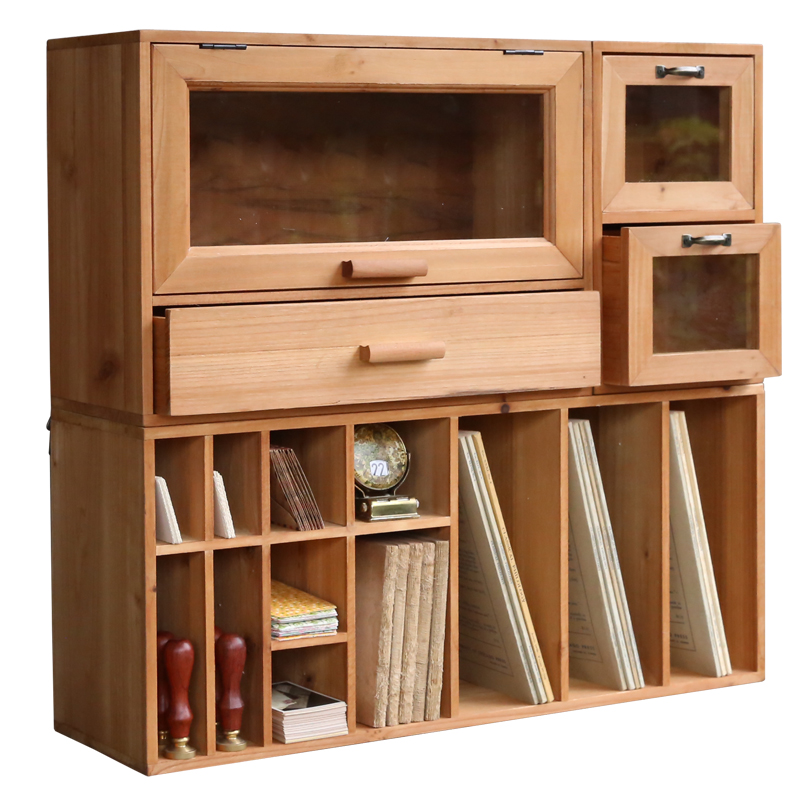 叁杉家居复古手账书桌收纳盒办公桌面F画笔彩铅木质格子书架置物