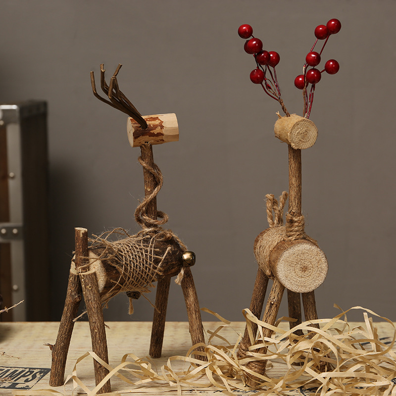 zakka原木情侣鹿手工木质艺品节日礼物 桌面摆件木头小鹿橱窗摆设