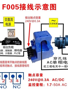 f005交流常开常闭双组电流互感器感应继电器干接点开关量信号导轨