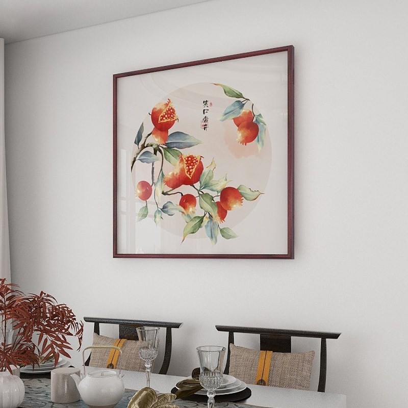 新中式餐厅装饰画饭厅壁画餐桌挂画石榴水果画玄关画国画斗方实木图片