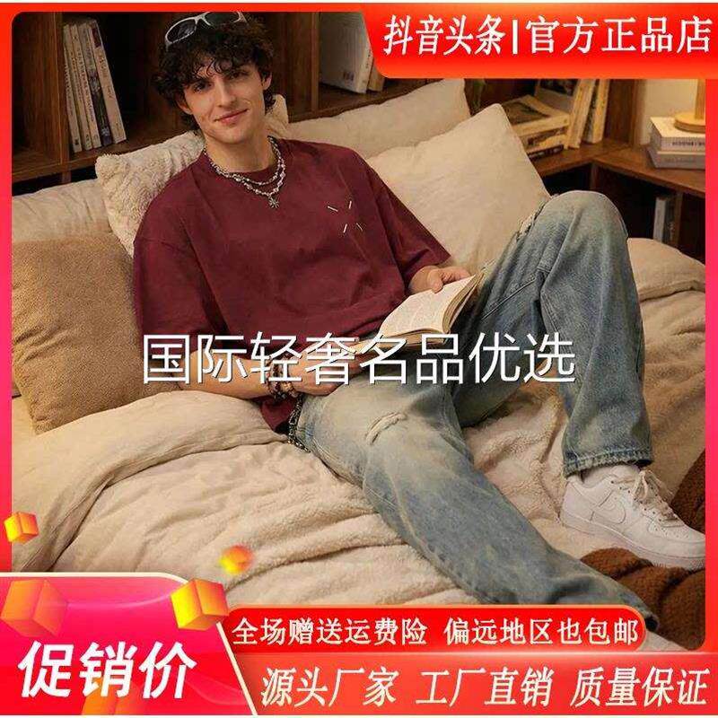 青云衣阁轻奢美式时尚百搭男士新年穿搭万针刺绣轻奢重磅纯棉T恤