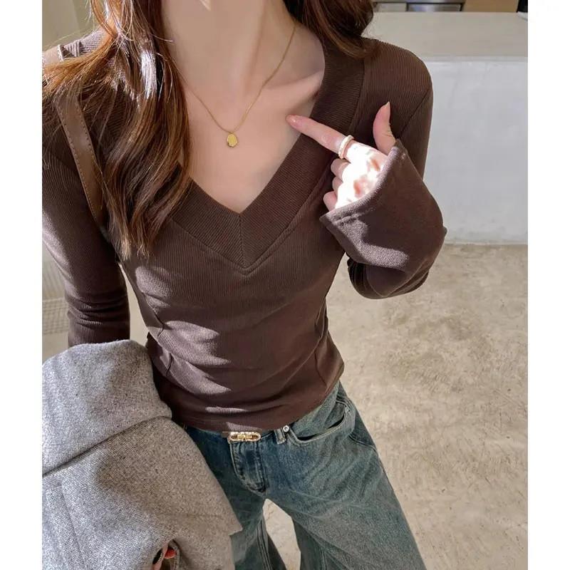 洛羽服饰25秋冬季美式大V领德绒螺纹磨毛打底衫女Z内搭修身时尚百