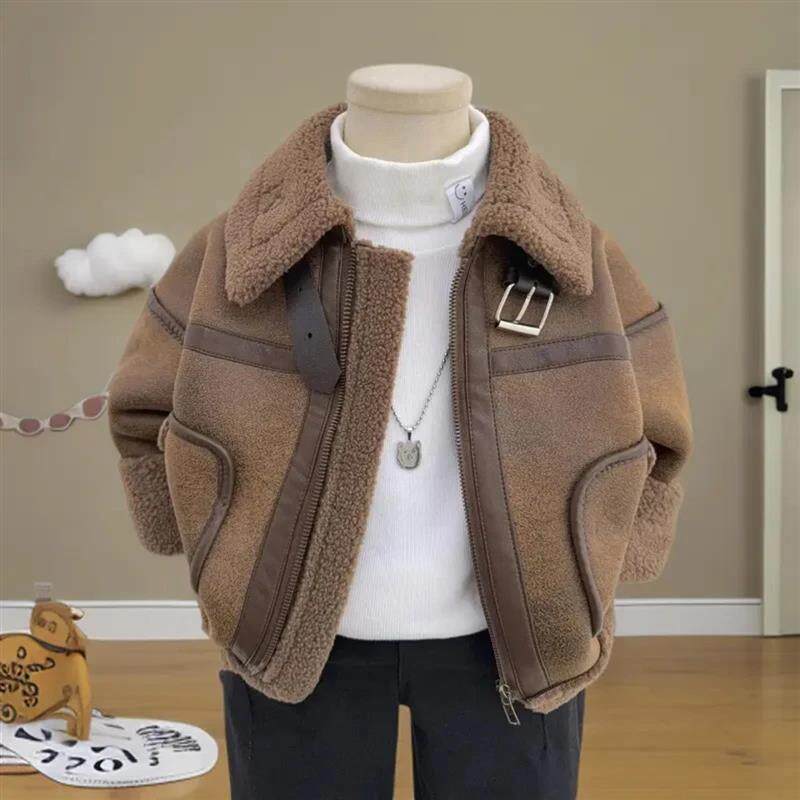 星童优选童装儿童套装男童皮毛一体外套机车加绒P秋冬加时髦夹克