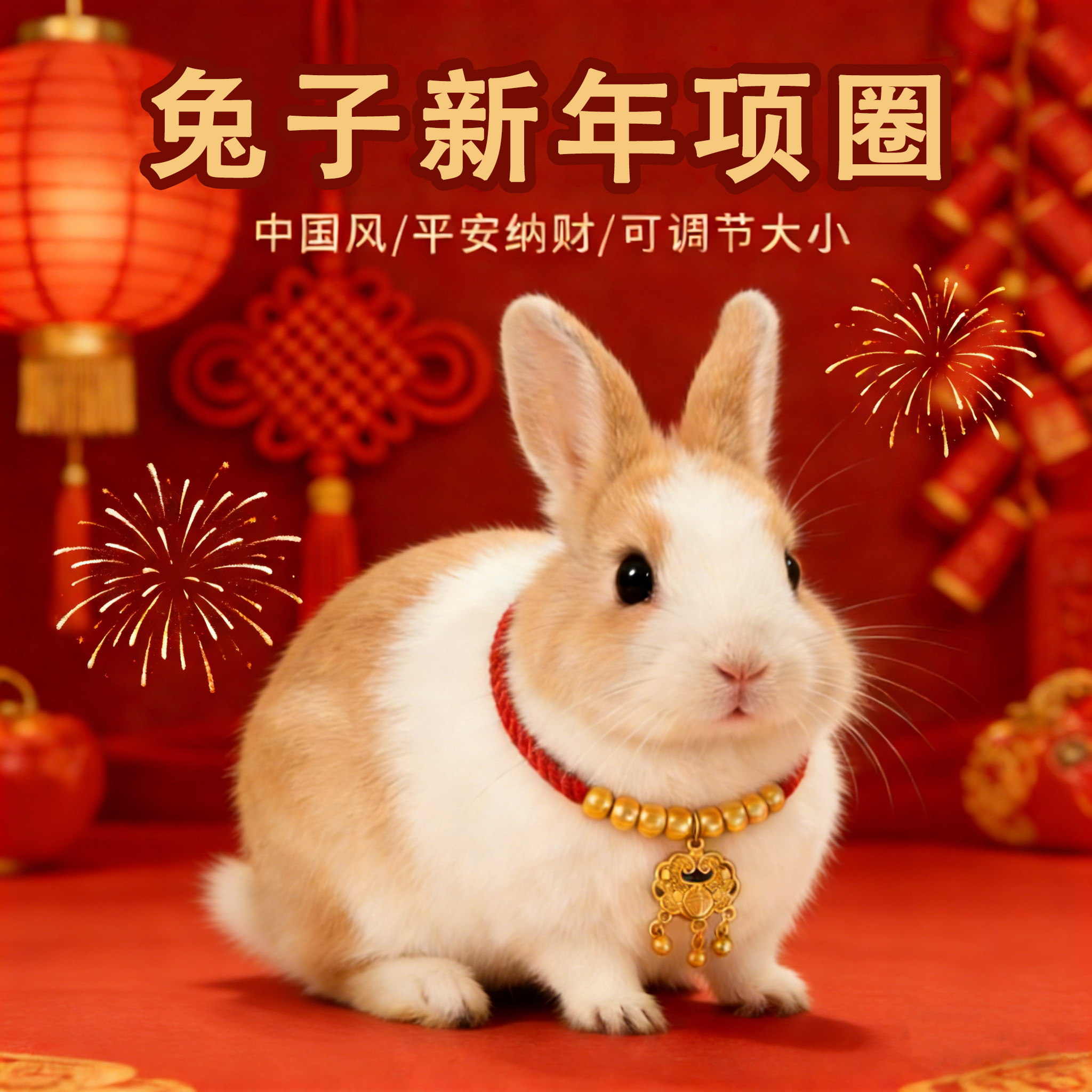 兔兔项圈金锁项圈新年喜庆纳财吊坠项链可调节宠物侏儒兔装饰圈